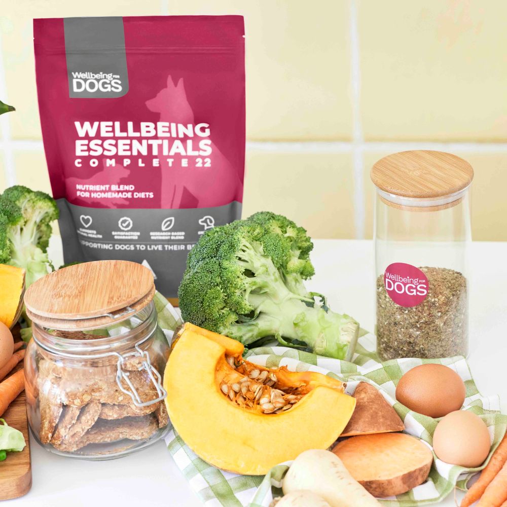 Wellbeing Essentials Complete 22 surrounded by vegetables, eggs and dog biscuits